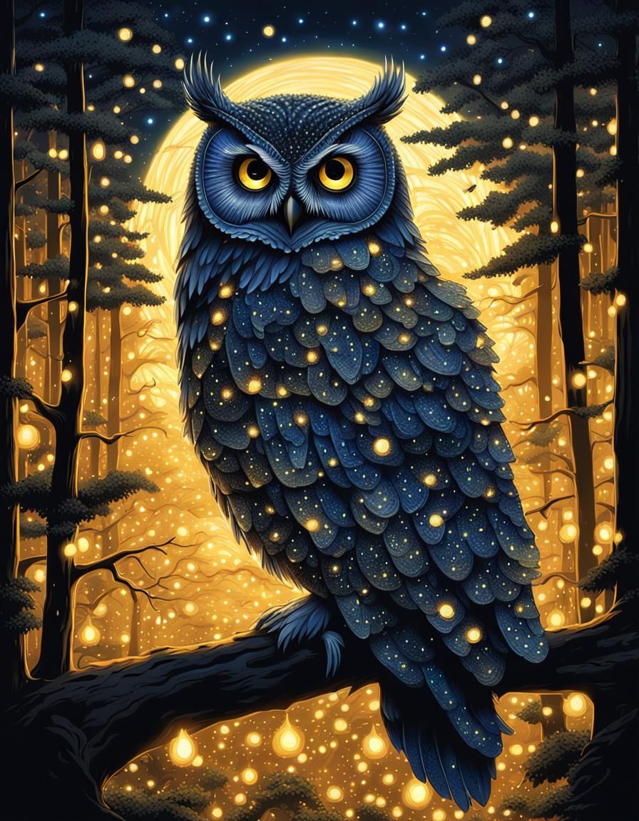 Firefly Owl in Dark Forest Comic Art