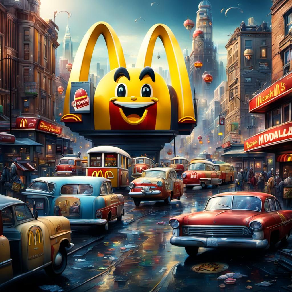 A city filled with McDonald's mascots, gridlock, seaside, trolley, urban art, graffiti 