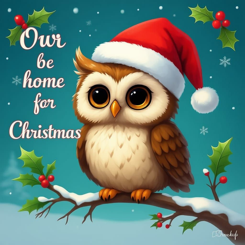 a cute owl with big round eyes and soft fluffy feathers in a bright red Santa hat holding a colorful striped candy cane with a gentle grip, ...
