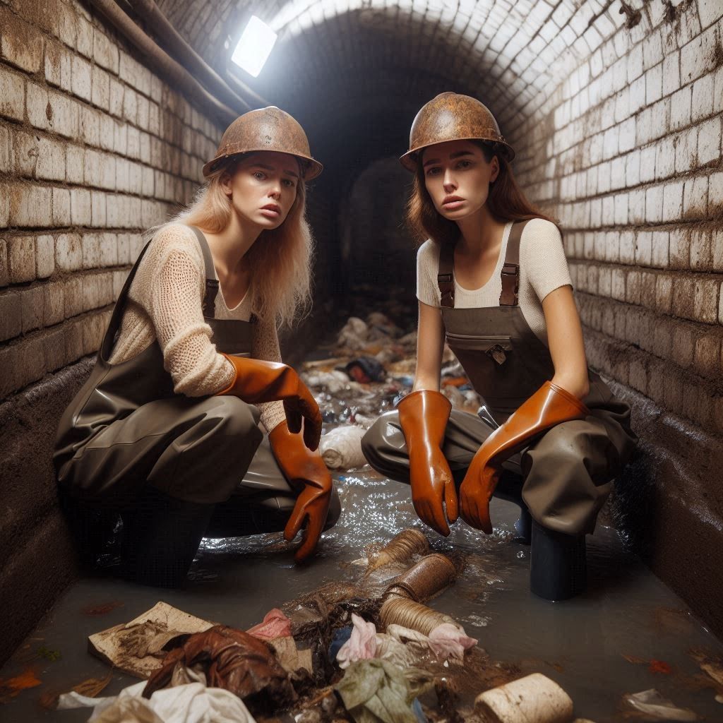 Two female sewer workers wade through a sewer with brick wal...