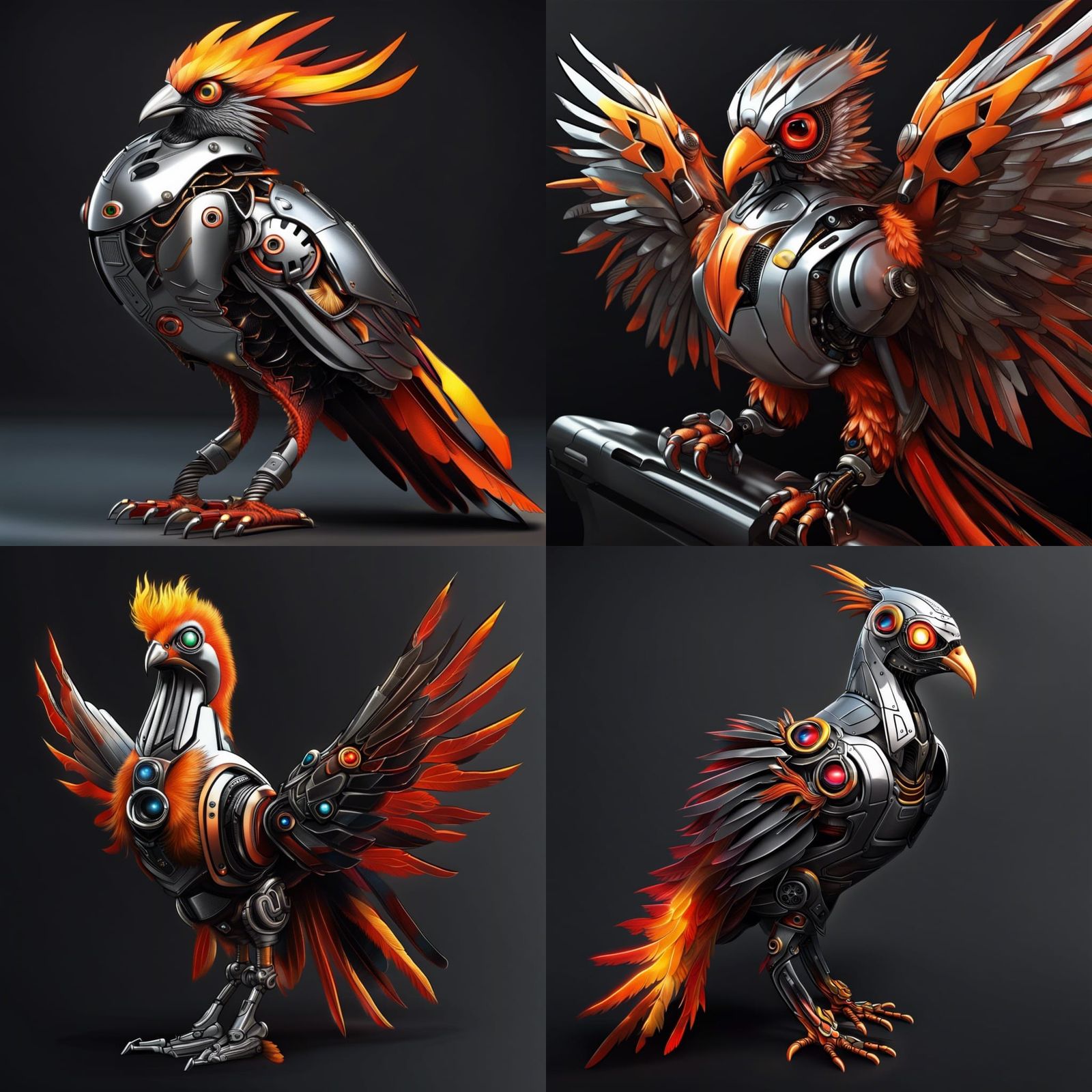 robot phoenix bird as a pet hyperrealism. phoenix is full colour on a black and white background