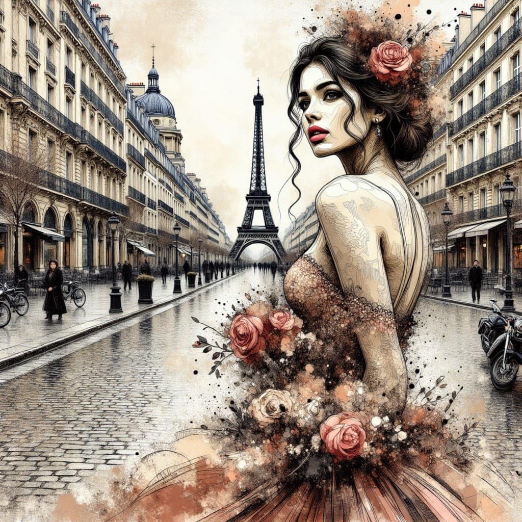 Beautiful Asian!! woman in Paris - line art! <lora:Beauty-Architecture:1.0>