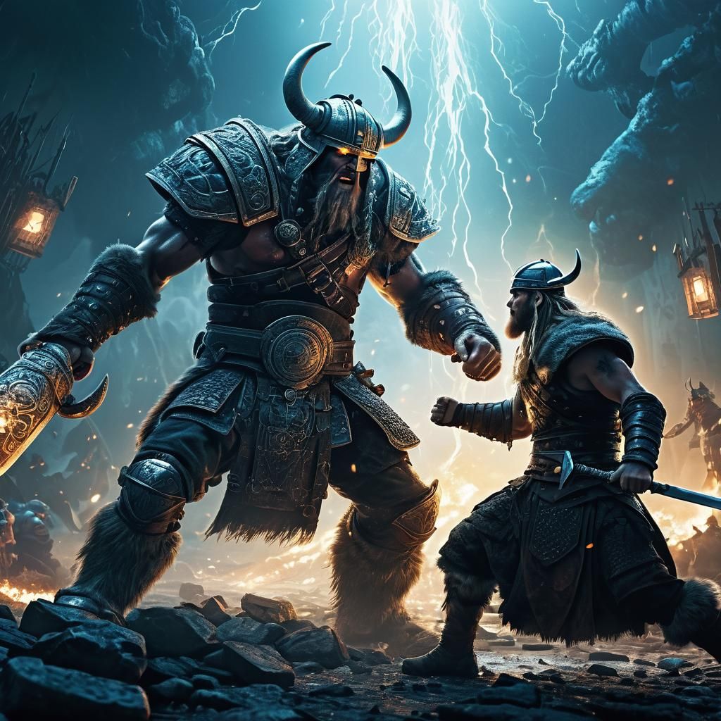 A bionic humanoid fighting a viking in the cyberspace, lamp ...