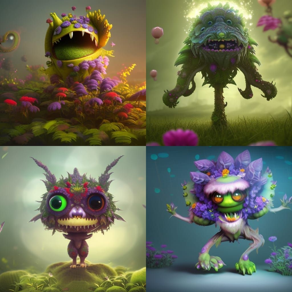 cute fantasy flower monster with large eyes full body extrem...