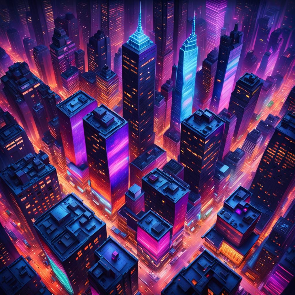 Futuristic Manhattan at Night: Bird's Eye View