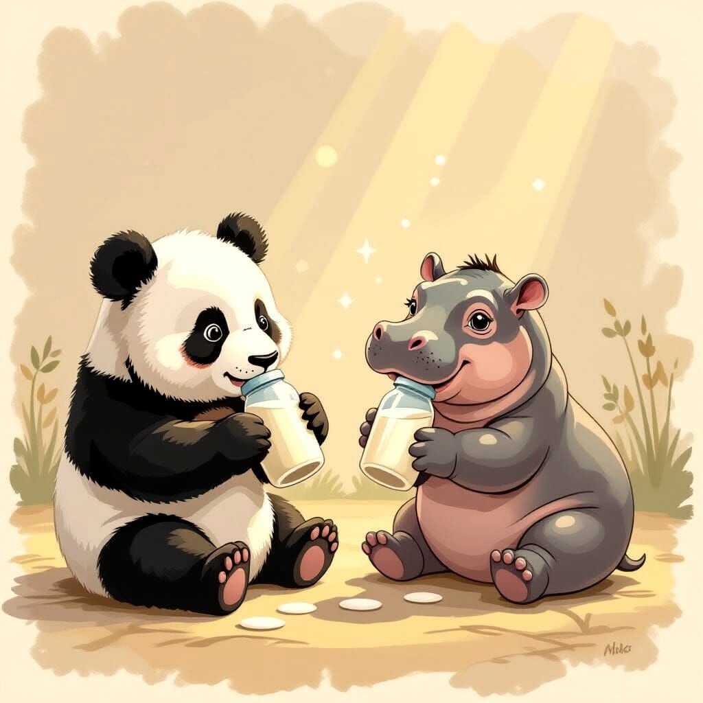 Baby Pandas Drink Milk While Hippo Watches