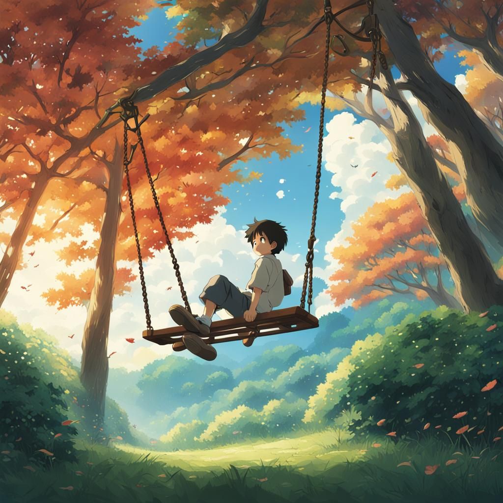 Boy Falling from Swing: Studio Ghibli Anime