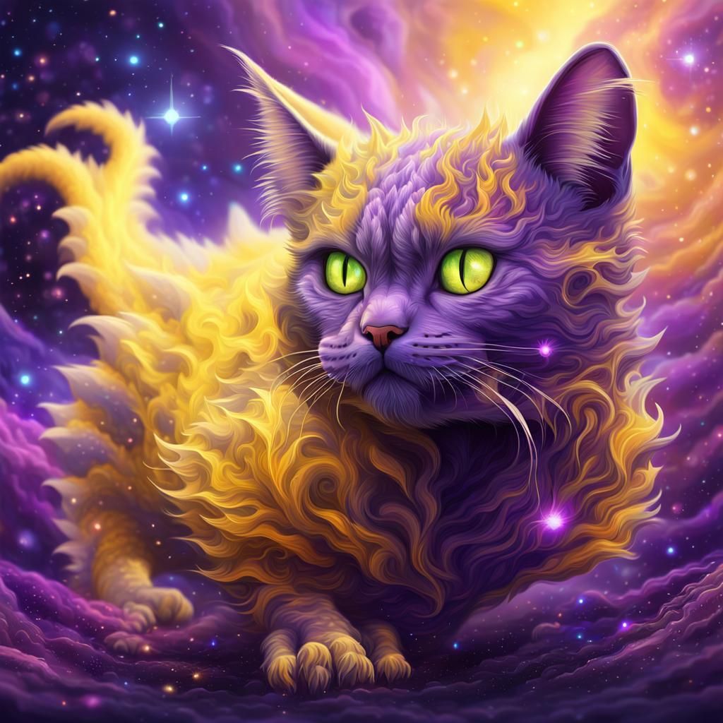 Hyper realistic cute fluffy yellow and purple Dragon Cat in ...
