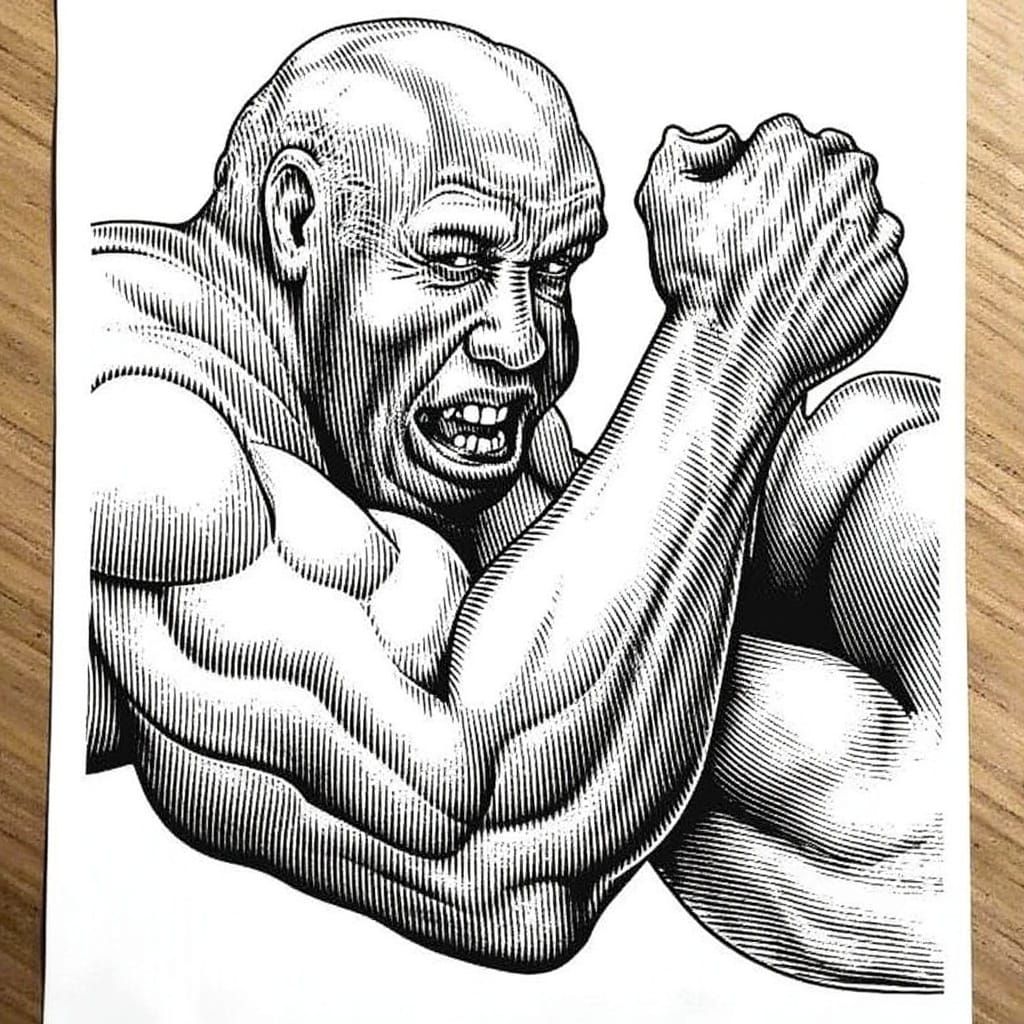close up of  a arm wrestling match line art line drawing cross hatch pan and ink etching <lora:Cross Hatch:1.0> 