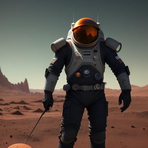 Playing Golf on mars while wearing a space suit.