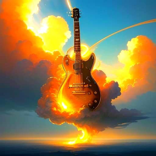 Liquid Gold Guitar Floating Among Clouds