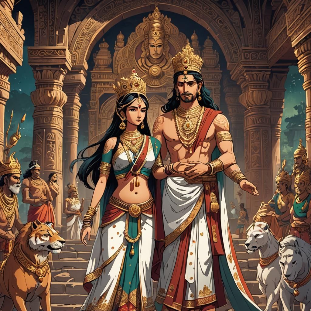 describes a king and queen in an ancient Indian setting. The queen is pregnant. they  face fully body both