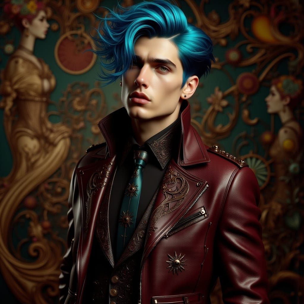 <lora:Art Nouveau Punk V2:1.0> portrait, handsome man with blue hair, burgundy art nouveau punk jacket, Klimt inspired background, ambient...