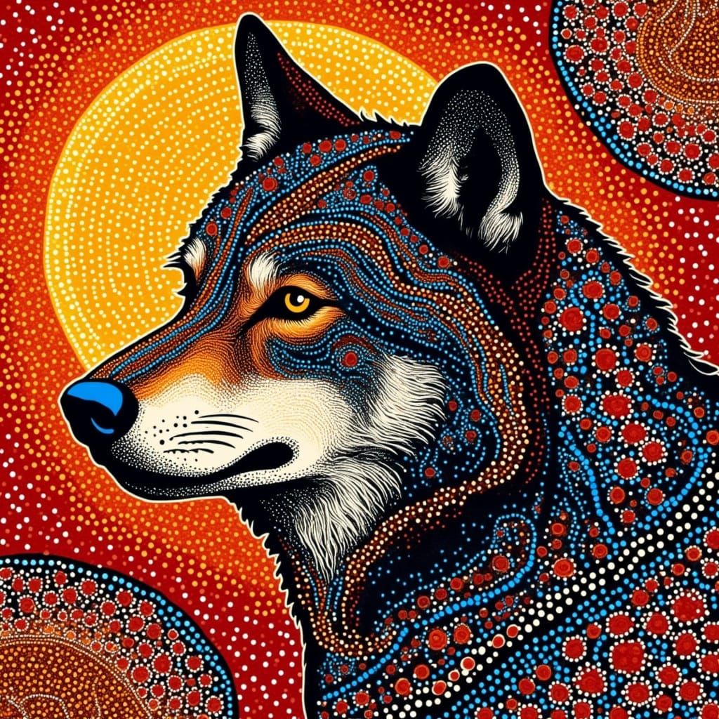 <lora:Aboriginal Style Dot:1.0> A wolf in aboriginal dot style