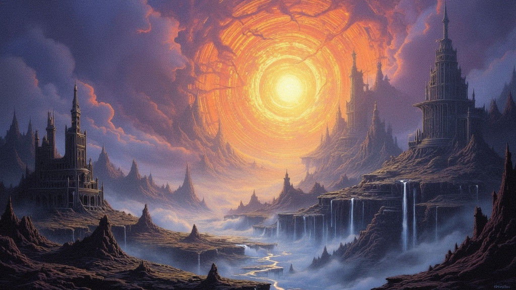 Ethereal Landscape with Swirling Patterns and Golden Light