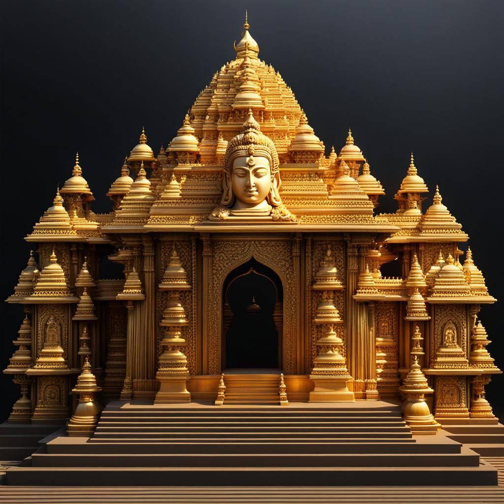 “Creat an image of grand temple with a large, multi-armed deity statue at the centre Lord Shiva, adorned with gold jewel...