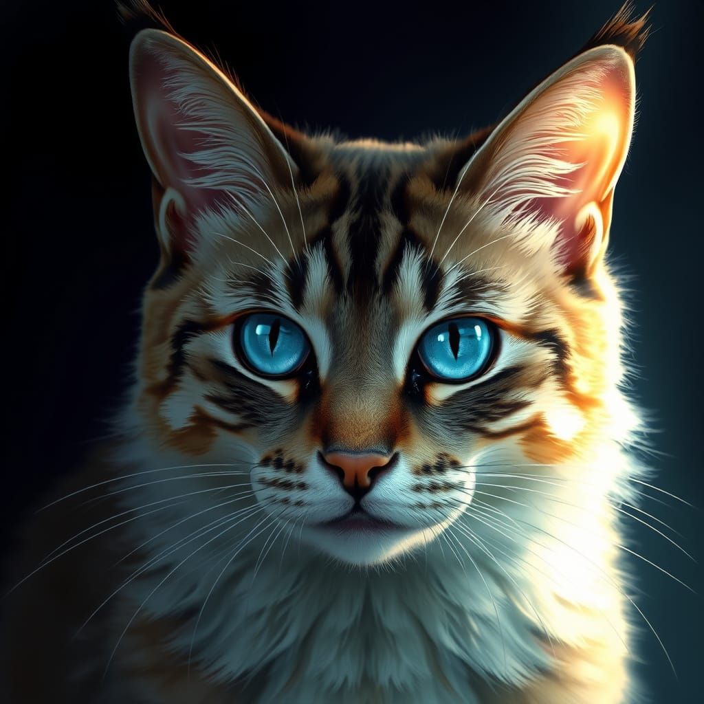 Cat Portrait with Blue Eyes in Cosmic Style