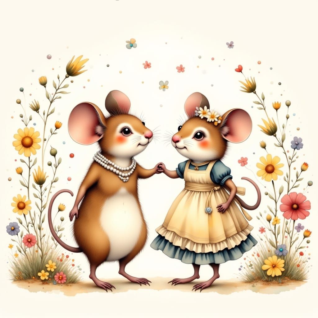 Anthropomorphic Mouse Waltzing with Flower in Watercolor Sty...