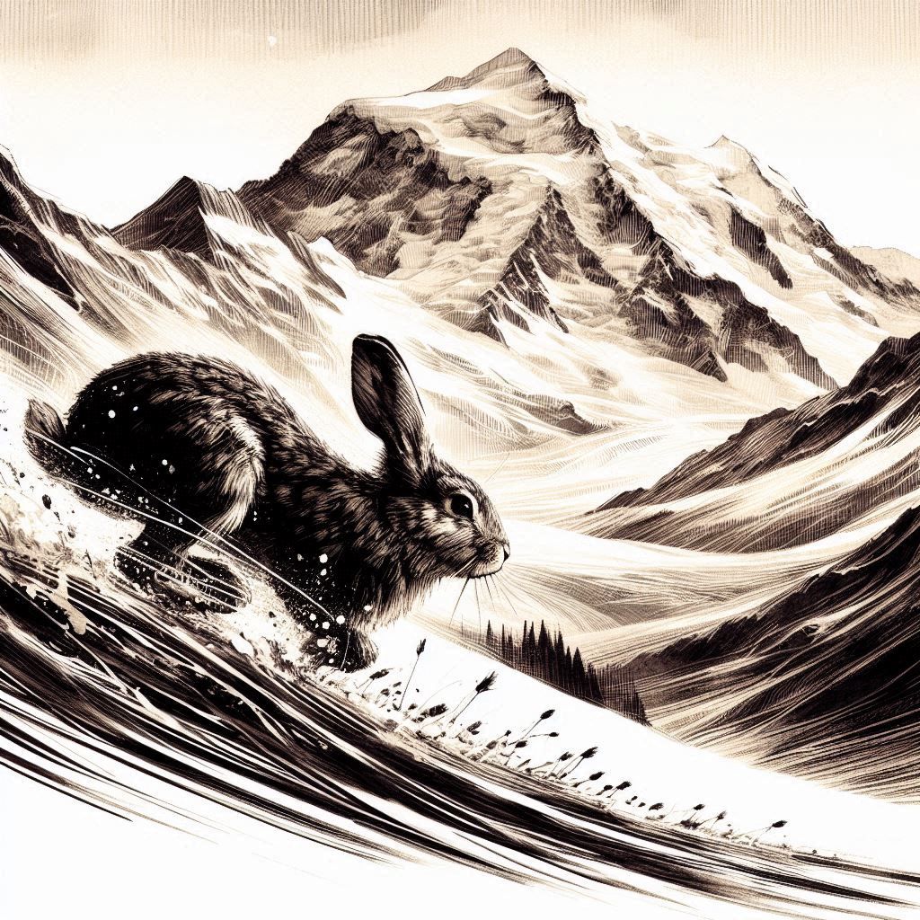 A rabit speeds through a mountain pass in ink wash.