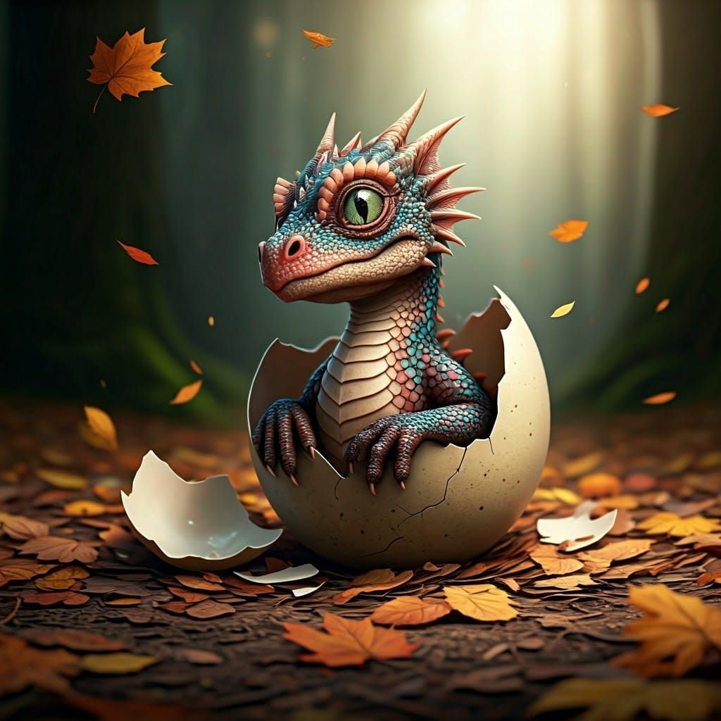 A baby dragon coming out of a newly broke  egg shell with slimes and scales, captivating eyes and cute ...  by @LoLagReeN