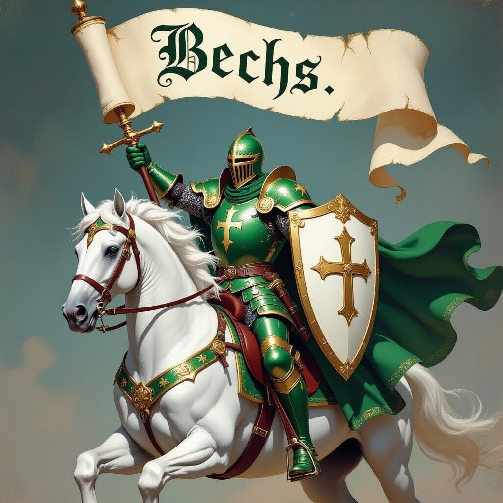 A Knight wearing armor in the colors of Green and Gold holds a golden lance and a white shield with a Cross on it. aHe sits on a white horse...