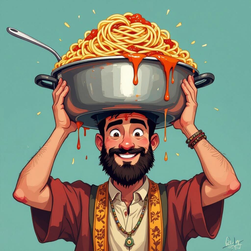 Whimsical Jewish Man with Spaghetti Pot on Head