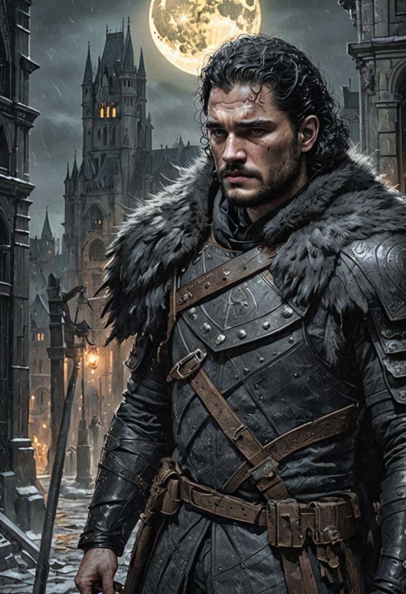 Jon Snow as a werewolf, wearing black colored boiled leather...