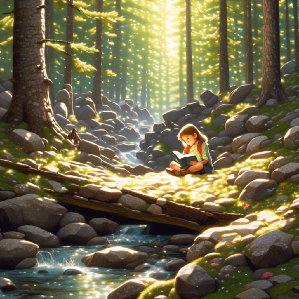 Dense forest of pine birch maple a shaft of sunlight shines on a small girl laying face down  reading a book of fairy ta...