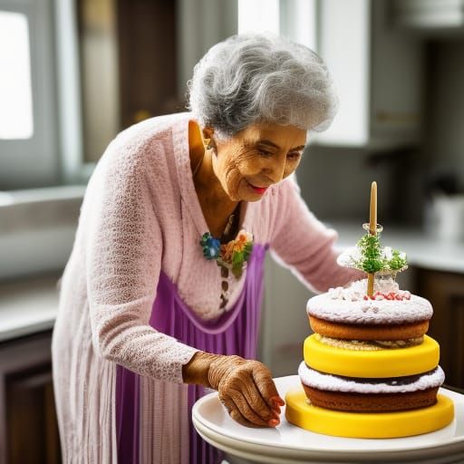 Celebration of grandmother birthday, outdoor family garden party with a cake  with candles. stock photo