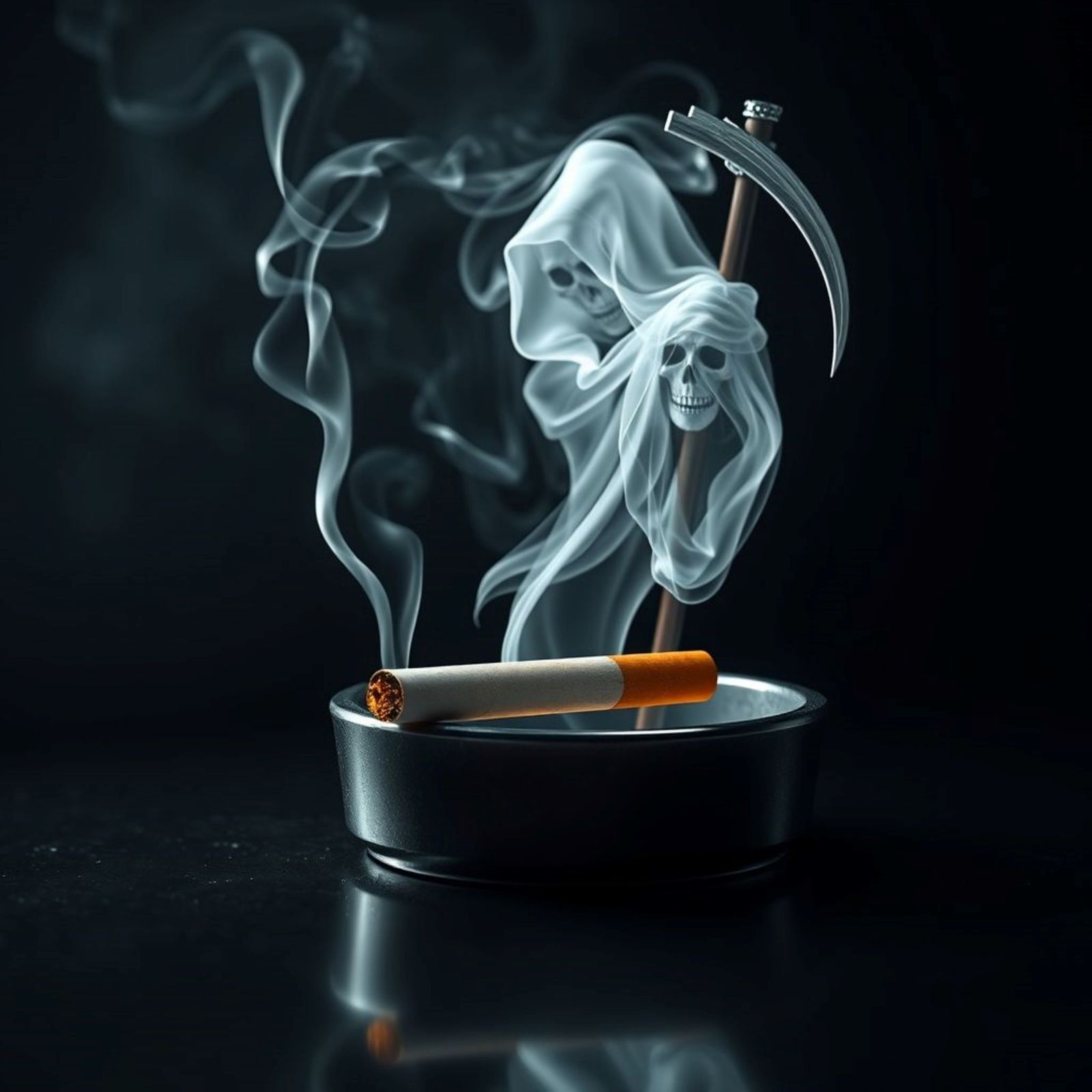 A grim reaper floating above the burning end of a cigarette