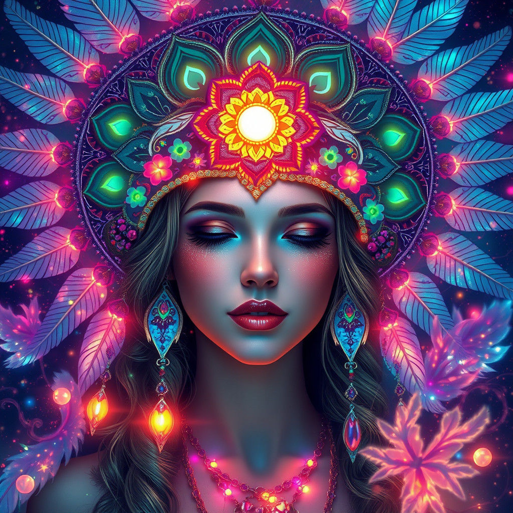 Dreamy Woman with Mandala Headdress in Art Nouveau Style