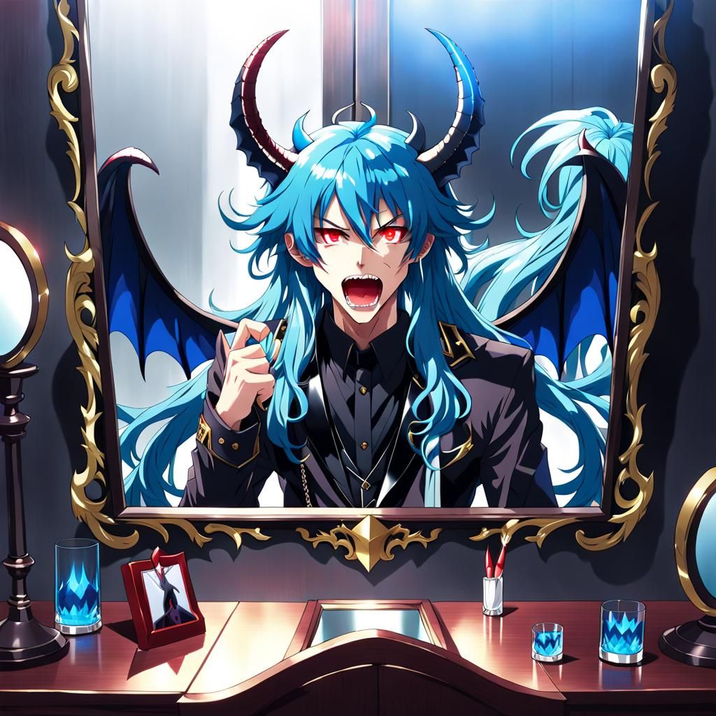 A long blue haired man with long fangs and red eyes half ang...