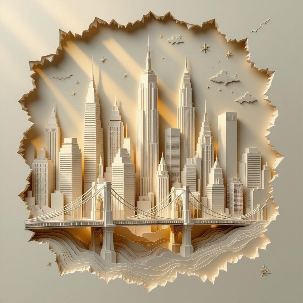 An abstract cityscape composed entirely of folded and layered paper, with towering skyscrapers and intricate ...  by @inkdrop