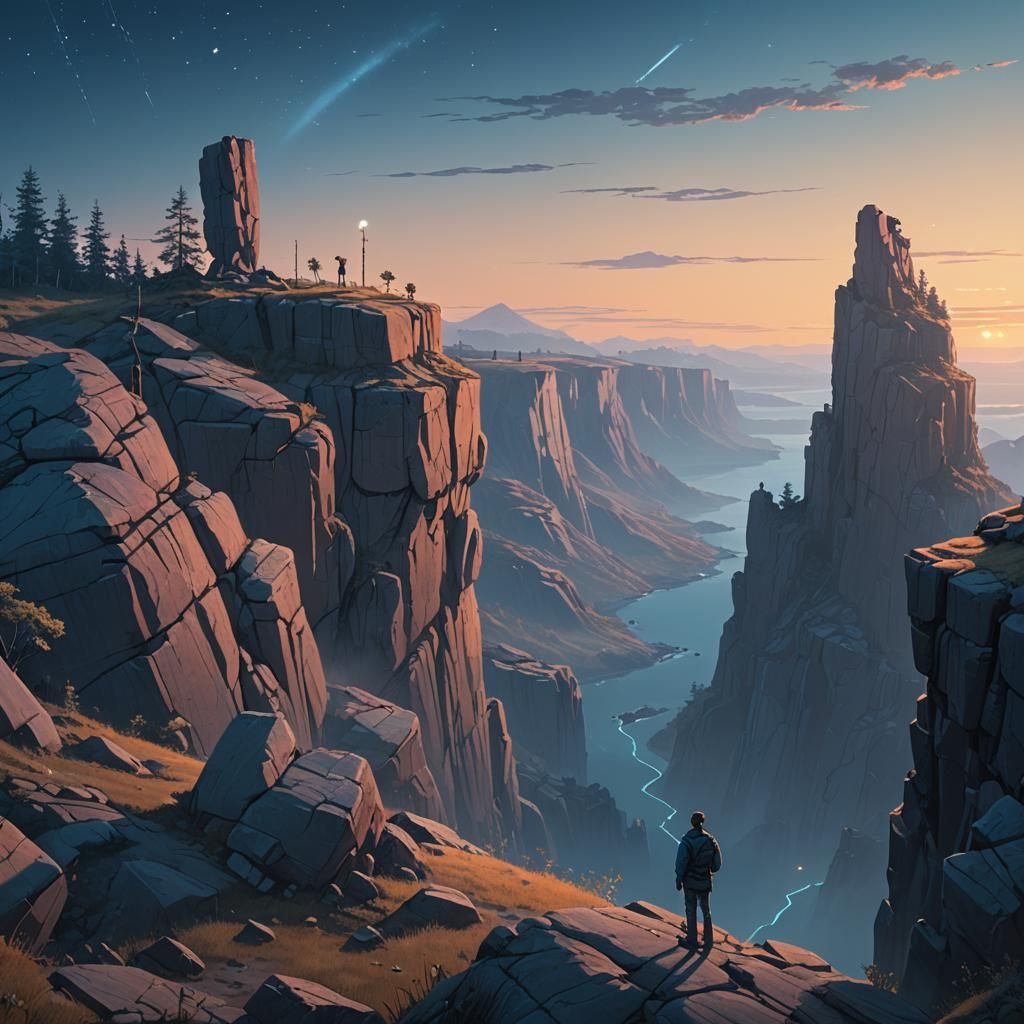 Man on Phone Near Cliff Edge in Digital Art