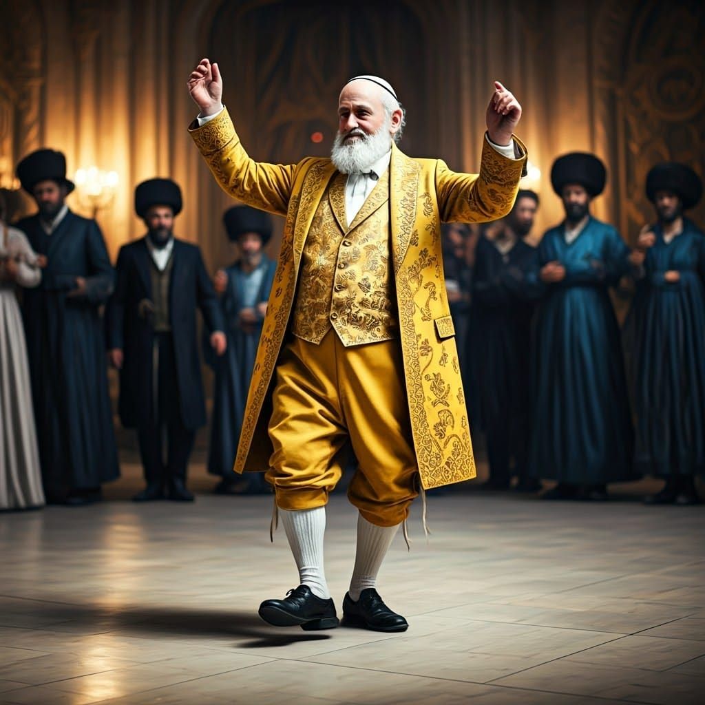 Hasidic Man Dancing in Ornate Yellow Suit