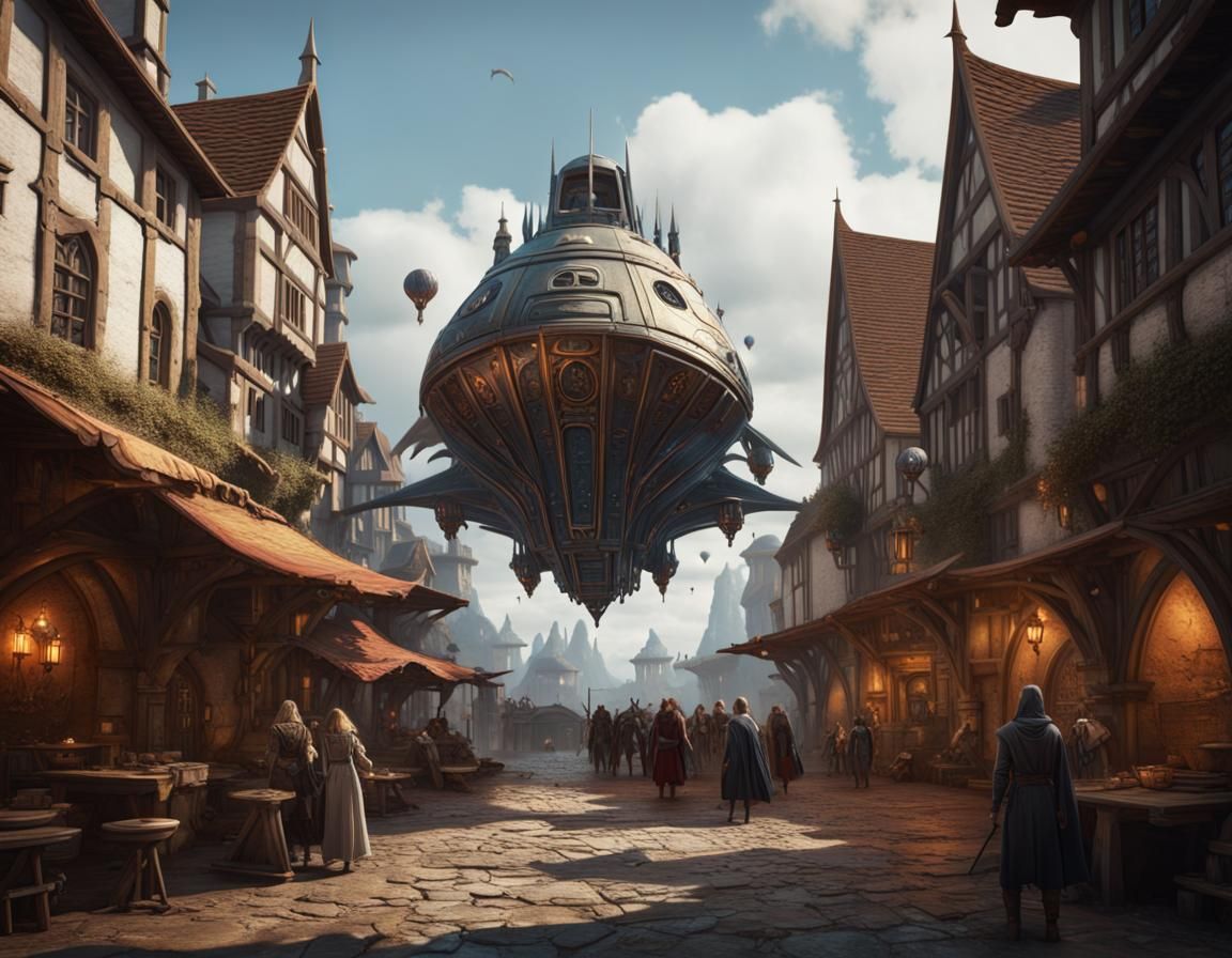 spaceship landing in an medieval town   by @Oracle