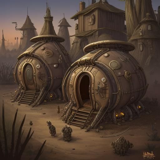 Molepeople, colony, huts pods steampunk