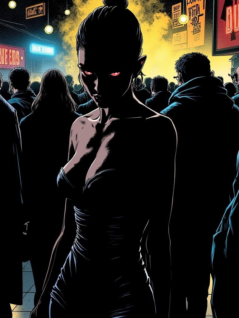 illustration by <lora:GrittyComic:1.0> depicting mean female vampire with sleek appearance standing shoulder-to-shoulder with revelers insid...