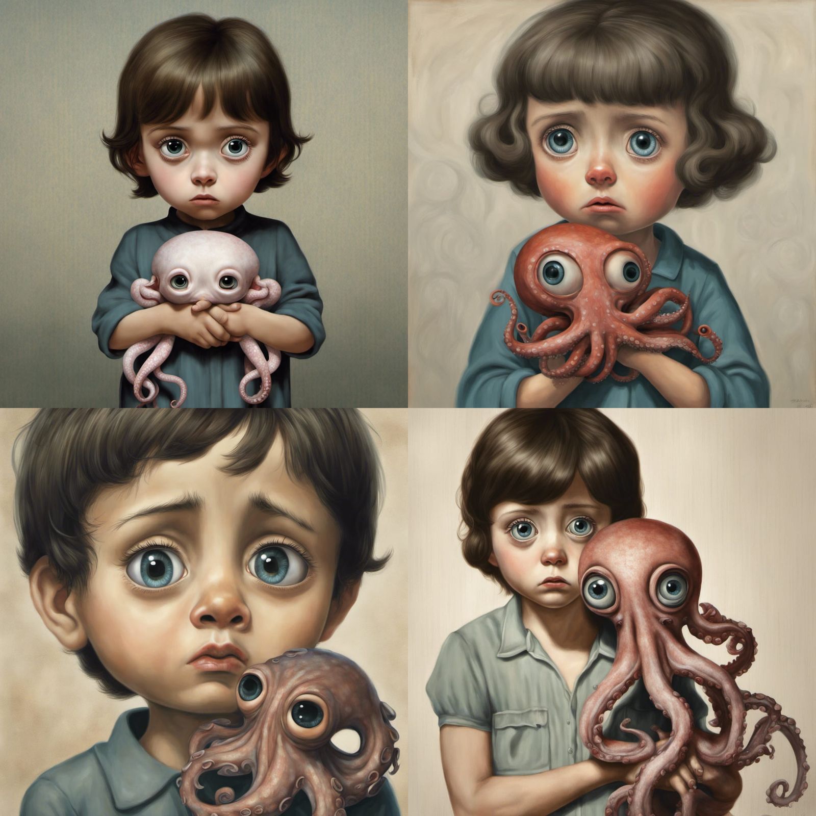 A sad orphan with huge eyes, crying and clutching an octopus...