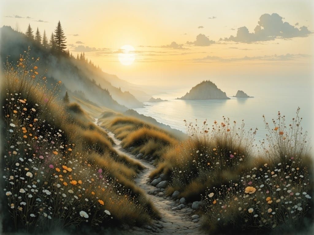 Hiking trail with wonderful views of the sea and wildflowers along the way on Rügen, at daybreak with fog, before sunrise, by John Atkinson...