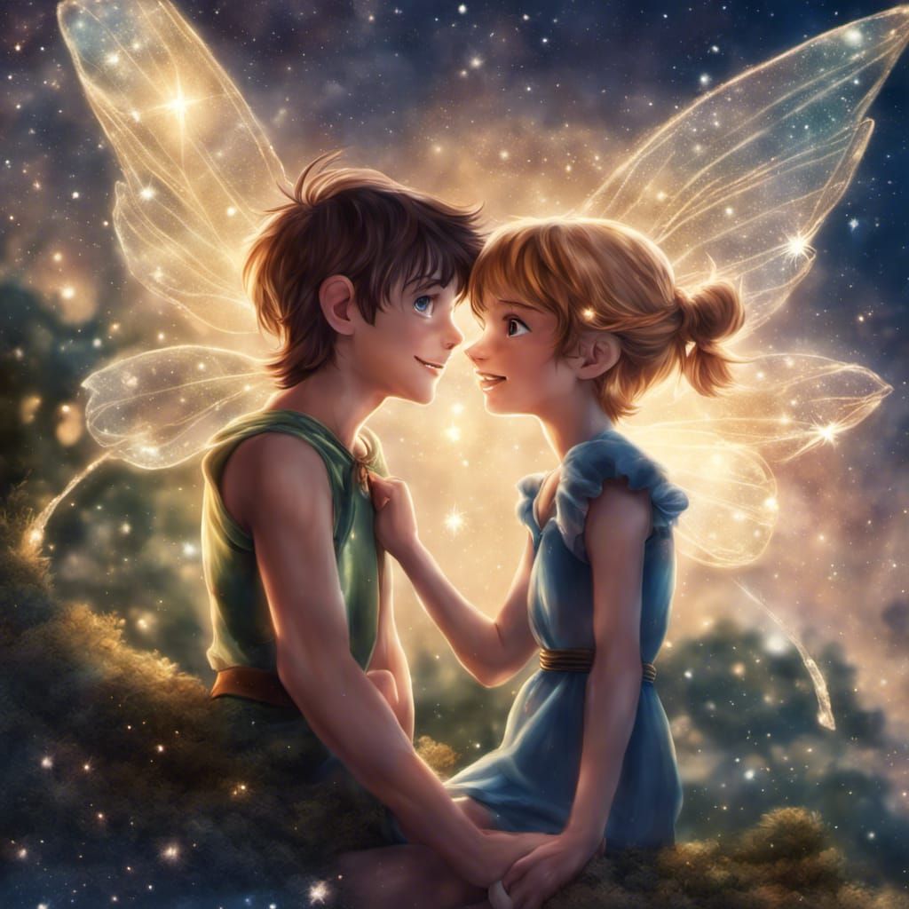 Peter Pan and Tinkerbell in the starry sky. Disney Pixar movie style ...