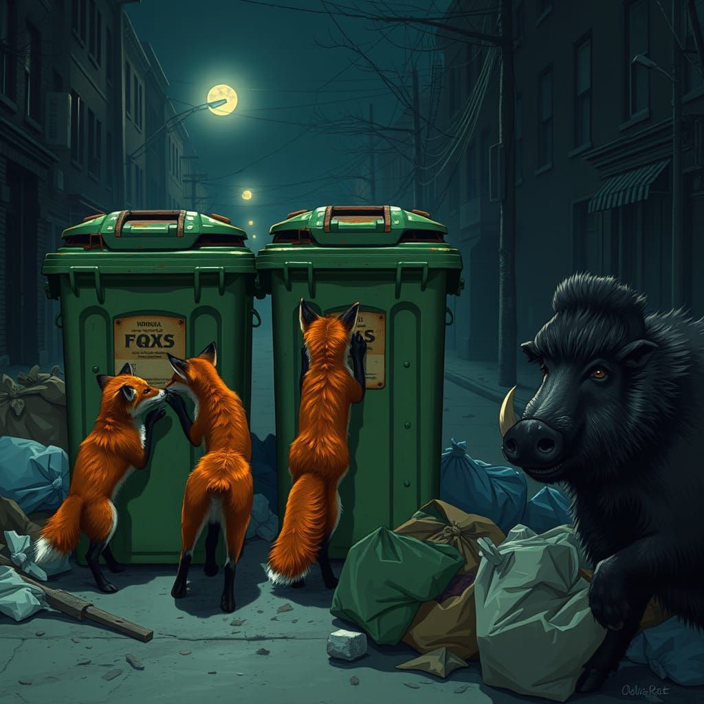 Urban Decay Scene with Foxes and Wild Boar