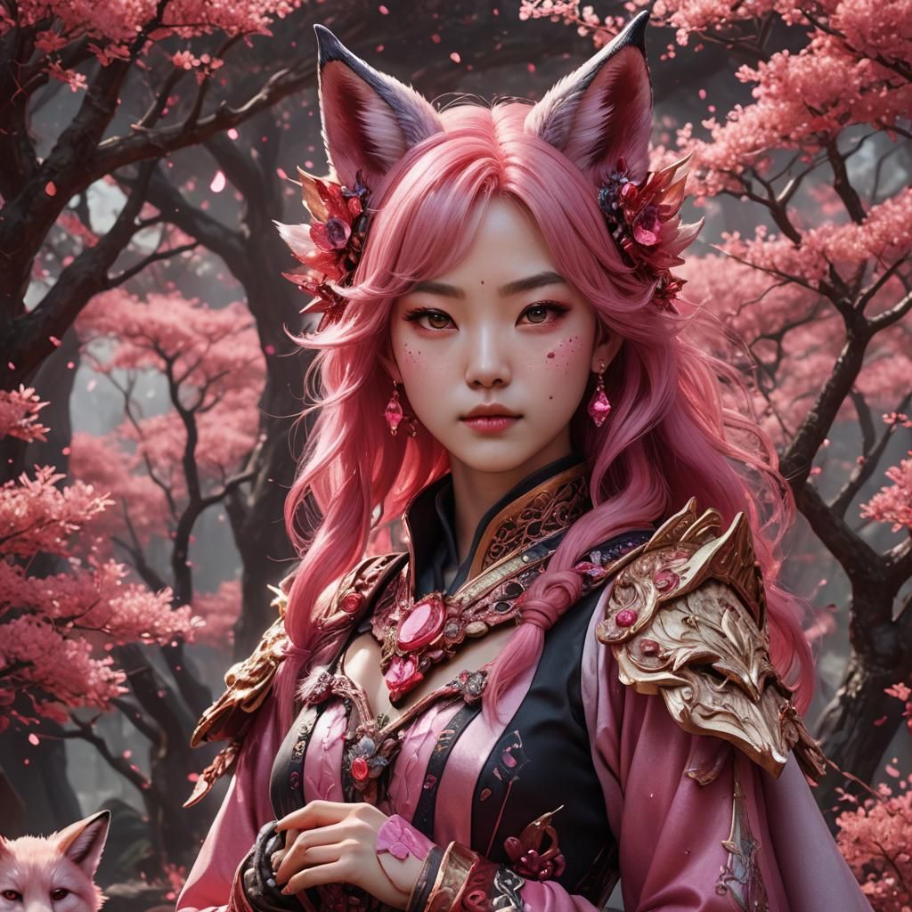 korean lady red pink crystal fox ears pink hair