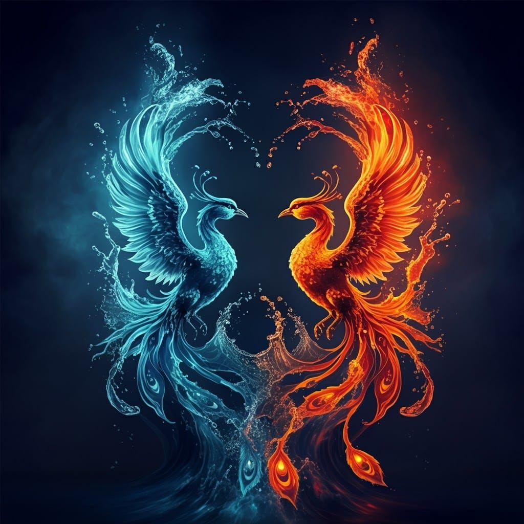 Harmonious Fire and Water Phoenix Dance