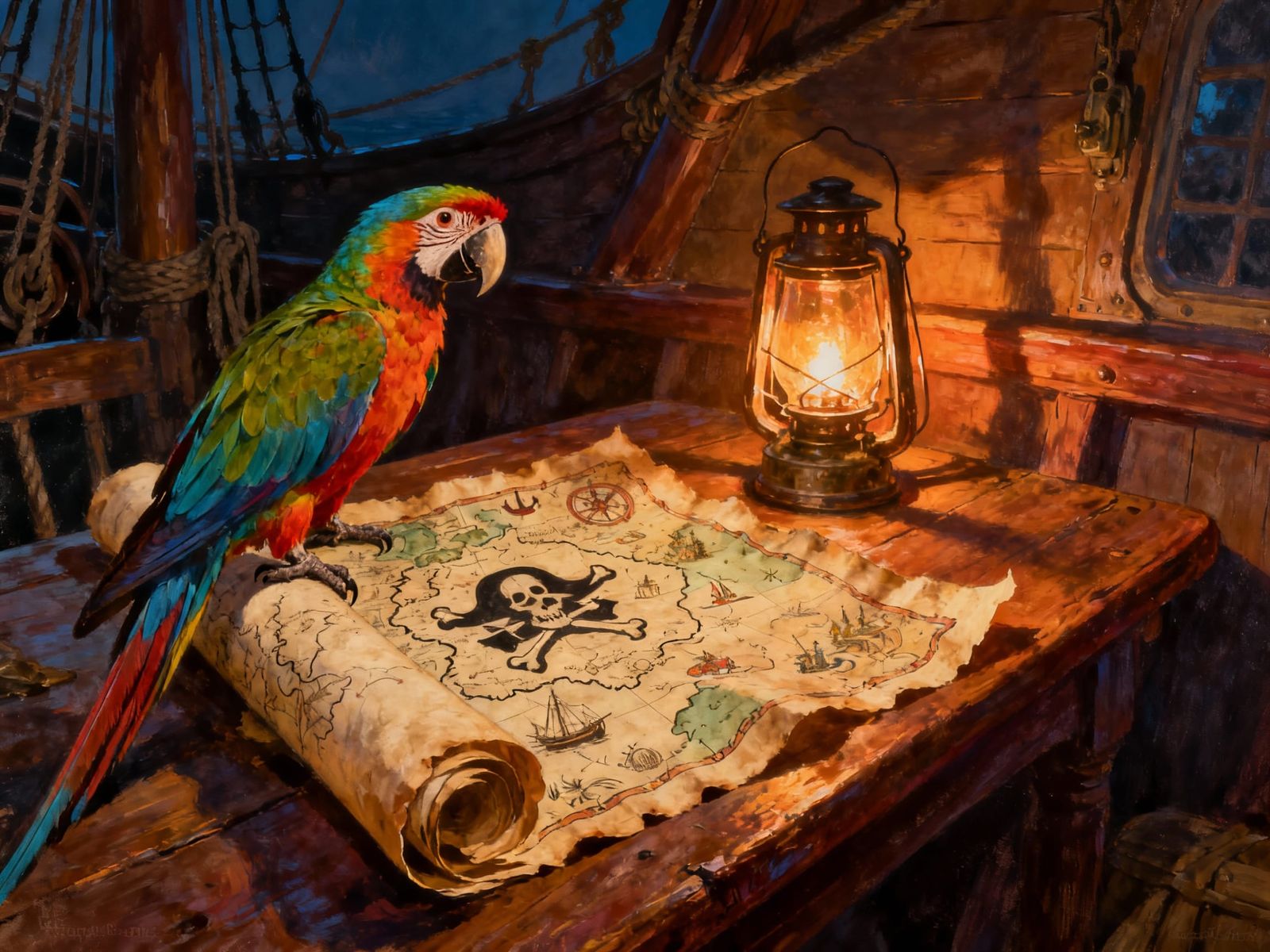 A parrot and a pirate's treasure map (8 Likes)  by @Philemon