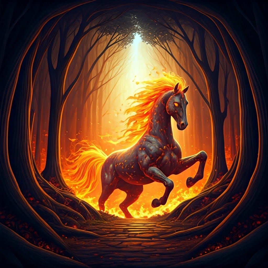 Surreal Horses Emerge from Blazing Inferno in Cosmic Landsca...