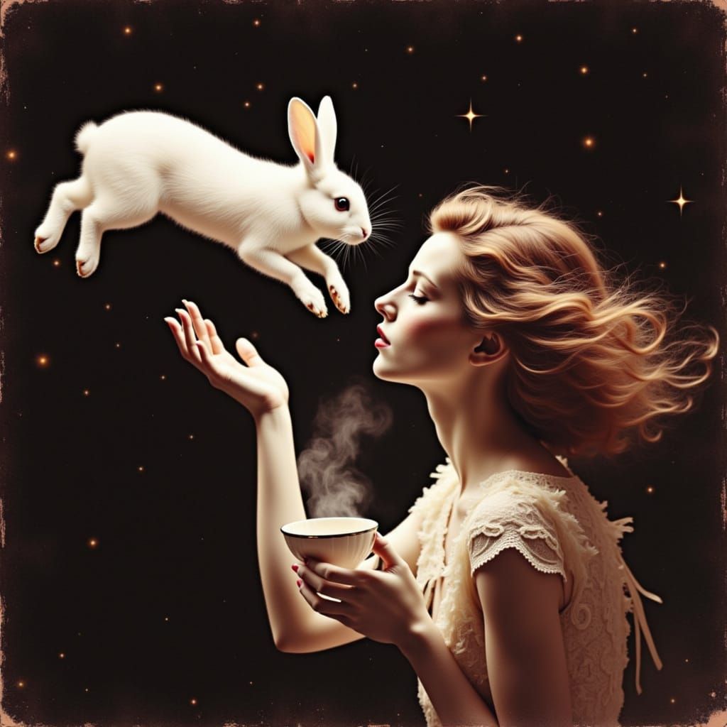<lora:Sureally:1.0> In a vintage photograph with a surreal twist, a woman with flowing hair reaches out towards a floating white rabbit that...