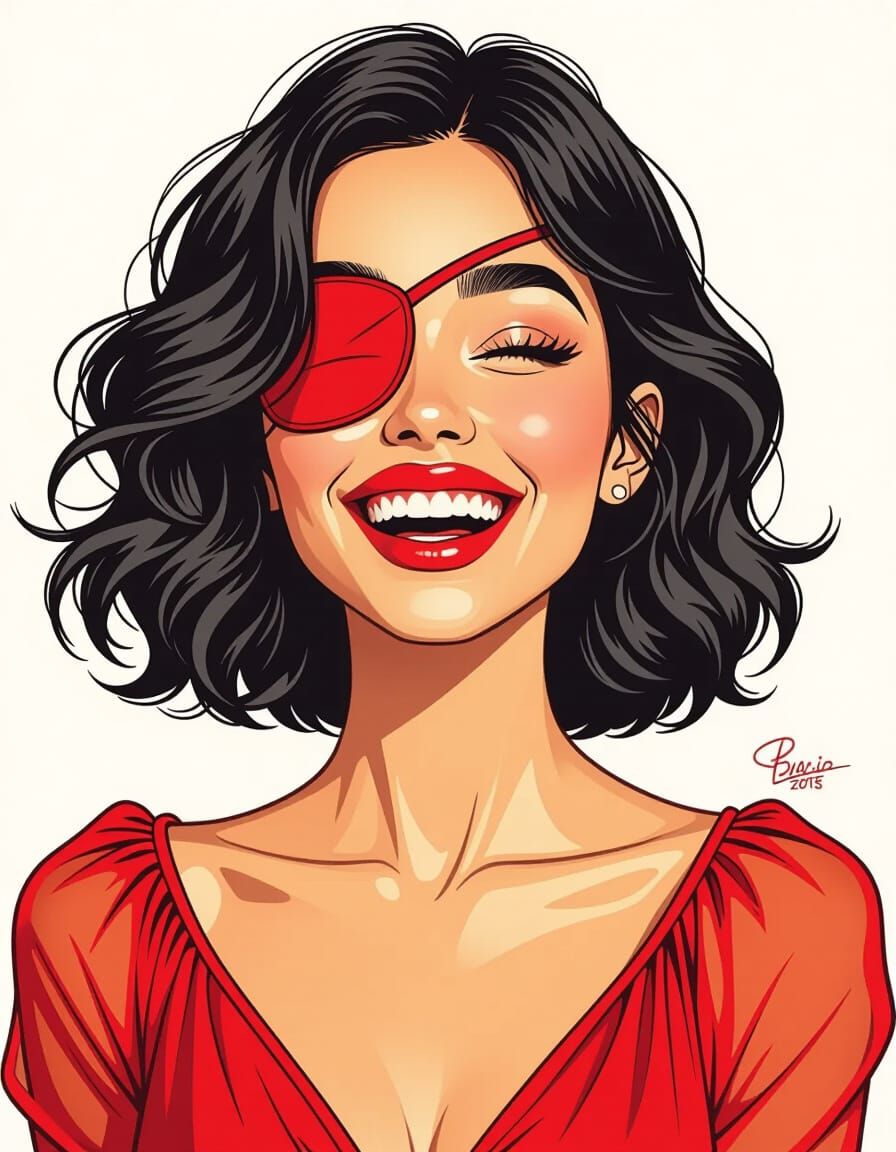 (1 like) Pencil colored portrait of expressive laughing Latina woman with red eyepatch   by @Fokje