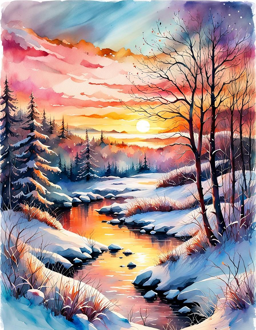 Digital watercolor Illustration of a winterscape sunset, by Waterhouse, Carne Griffiths, Minjae Lee, ...  by @Amber UFO