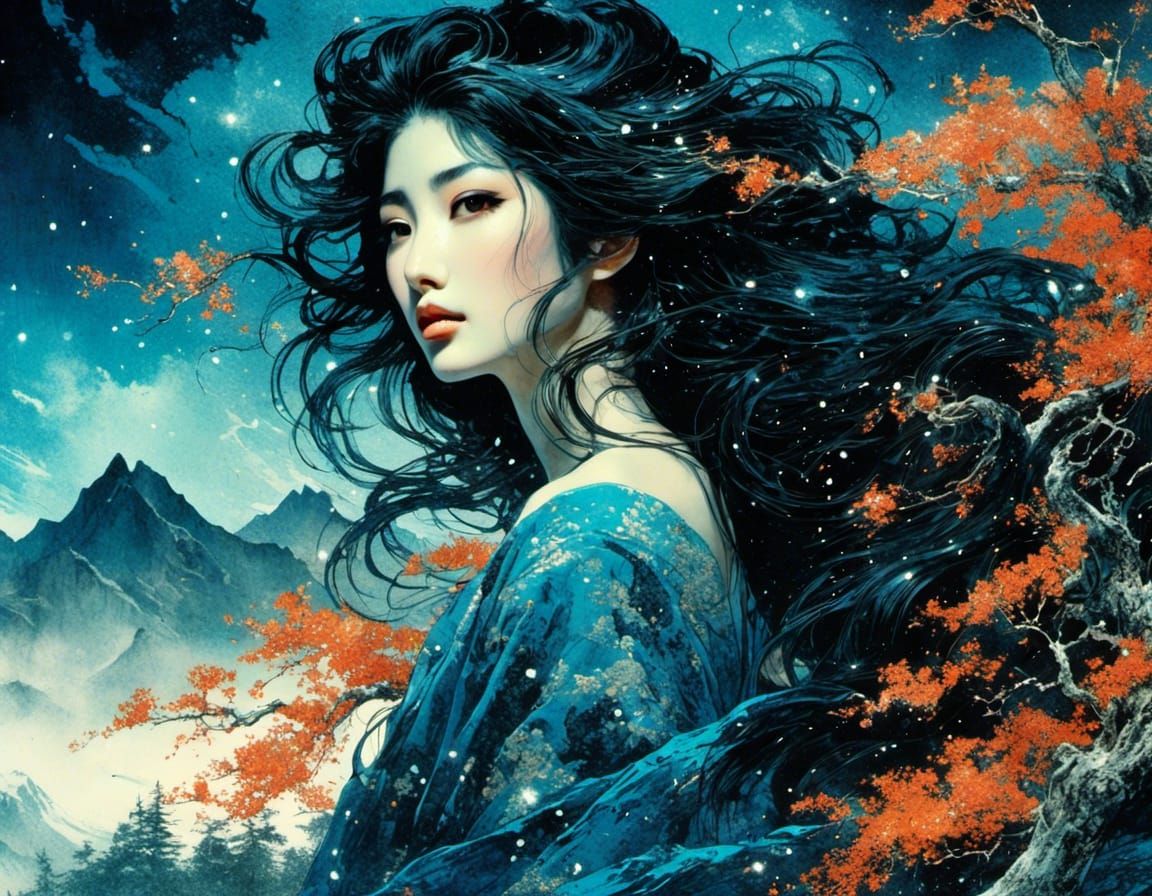 <lora:MisanthropyMix:1.0> colorful japanese woodblock print, woman portrait with flowing wild hair, black hair with blue glitter, mountainsc...